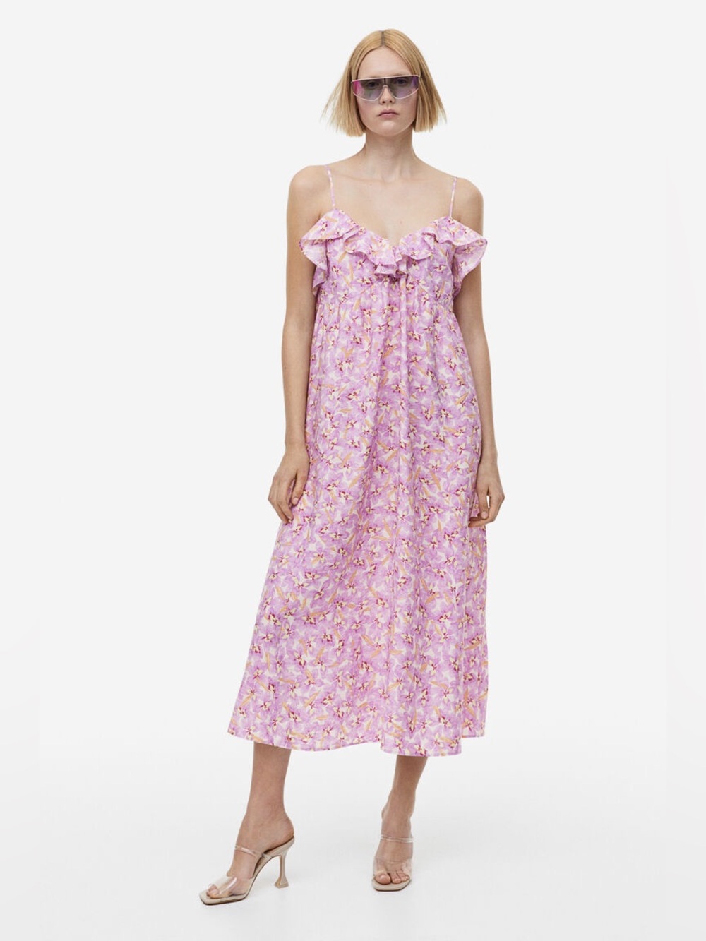NWT H&M Floral Ruffled V-Neck Midi Dress Light Purple Size L